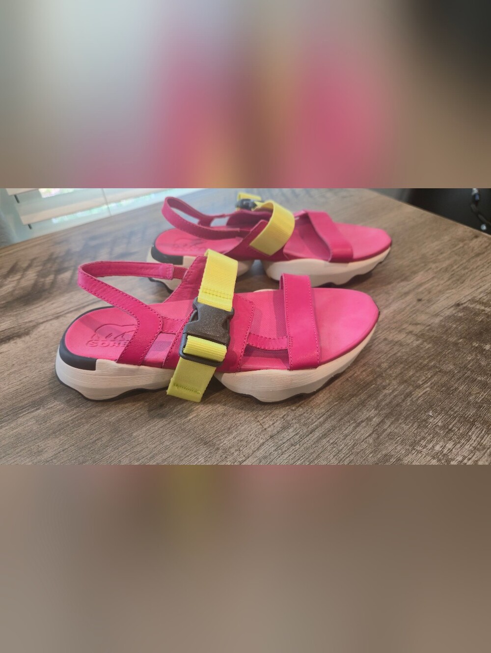 Sorel KINETIC Bright Pink Platform Sandals with Yellow Buckle Strap